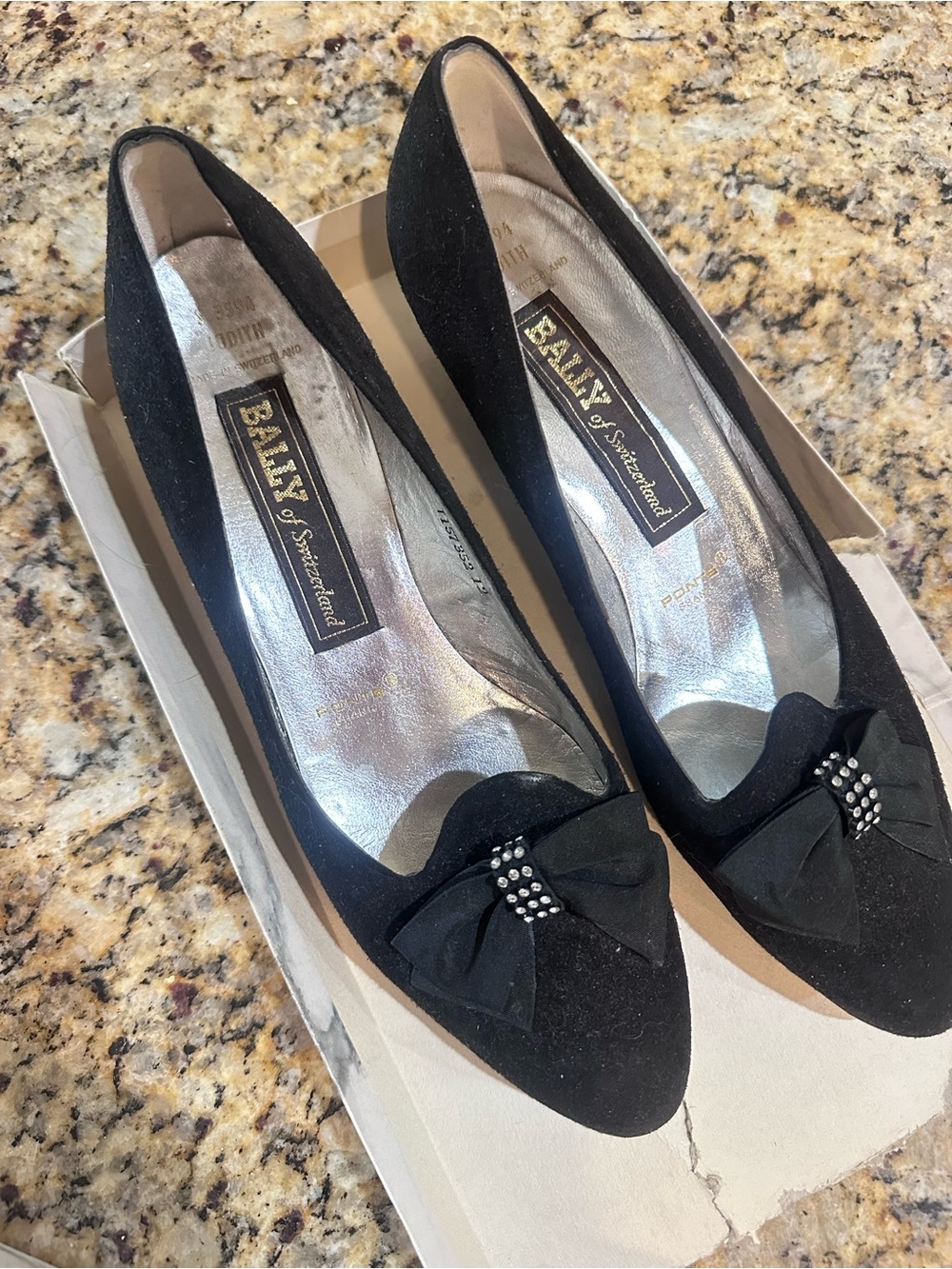 Bally Black Suede Pointed-Toe Bow Pumps with Crystal Accent